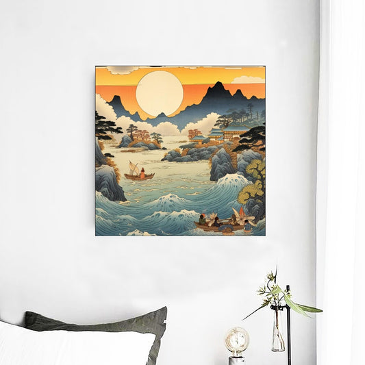 Japanese Coastal Sunrise Art Canvas with Waves and Boats