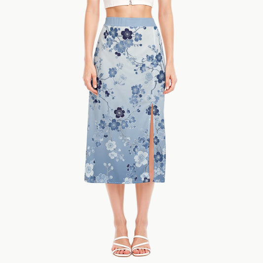 Blue Sakura Blossom High-Waisted Midi Skirt with Side Slit | Tengura Store