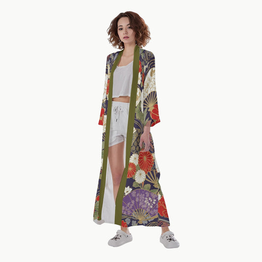 Colorful Fan Pattern Long Japanese Kimono M | Tengura Store