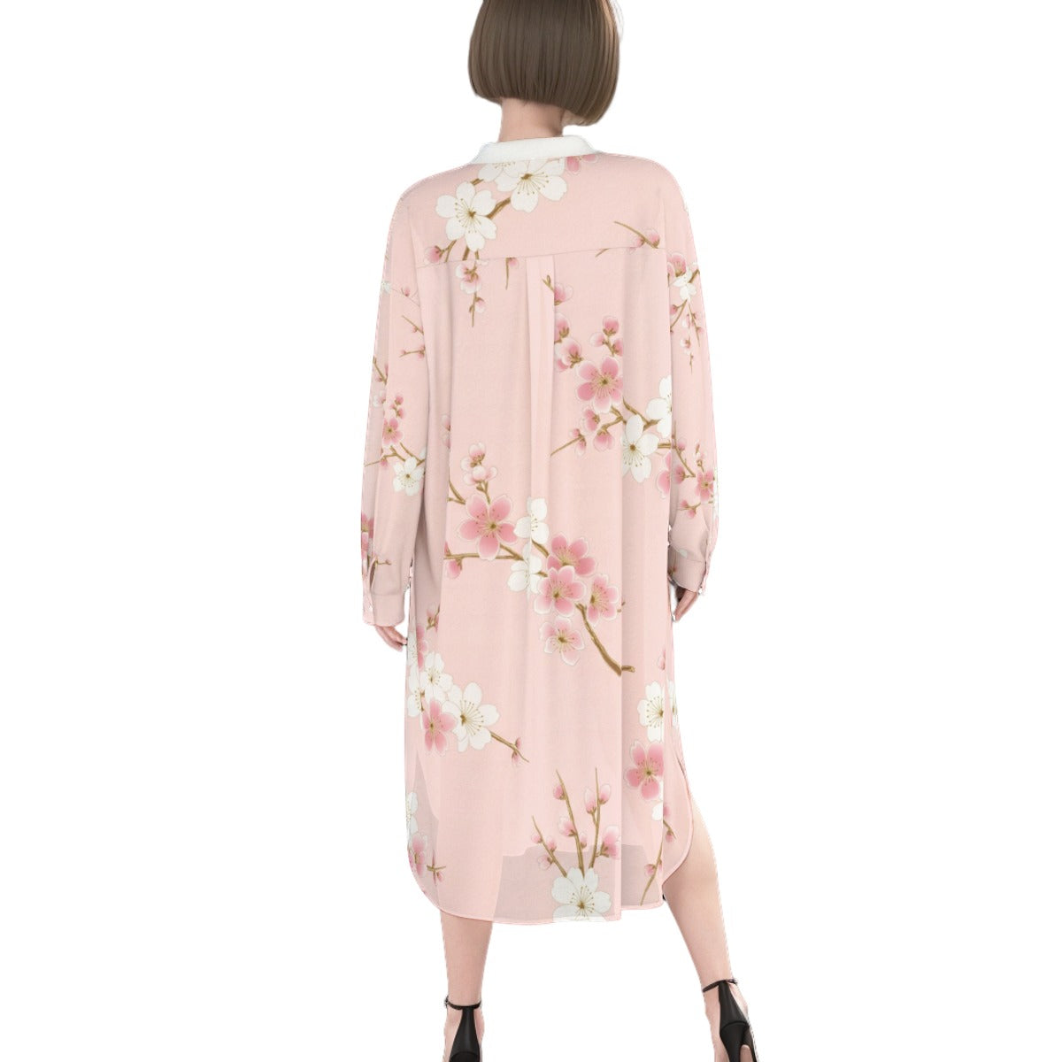 Pink Shirt Dress with Cherry Blossom Pattern | Tengura Store