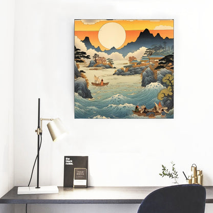 Stampa su tela Japanese Coastal Sunrise con onde e barche | Tengura Store