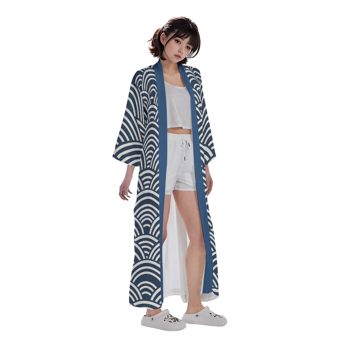 Blue Seigaiha Wave Pattern Long Kimono | Tengura Store