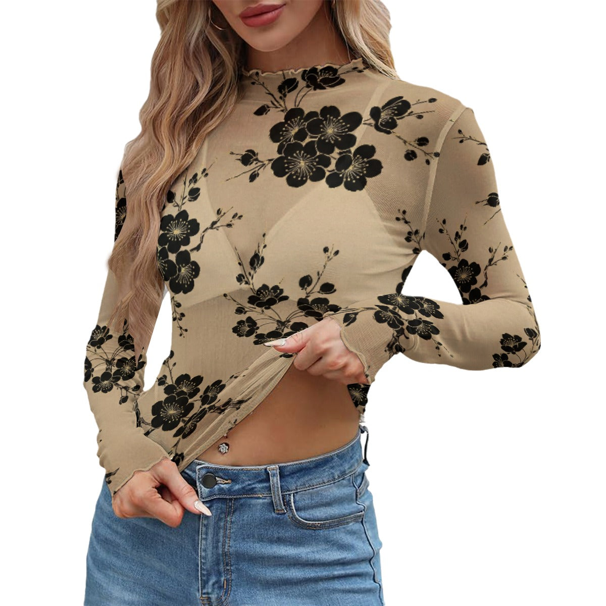 Beige Black Sakura Pattern Fitted Top-Shirt | Tengura Store