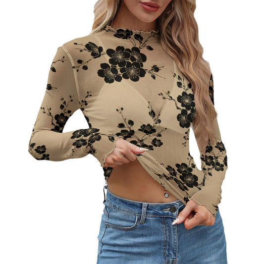 Top aderente beige e nero con motivo sakura | Tengura Store