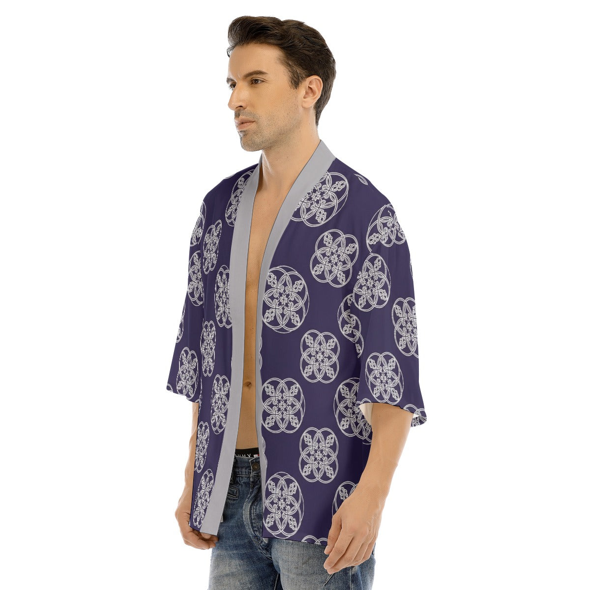 Navy Haori Jacket for Men with Mon Pattern | Tengura Store