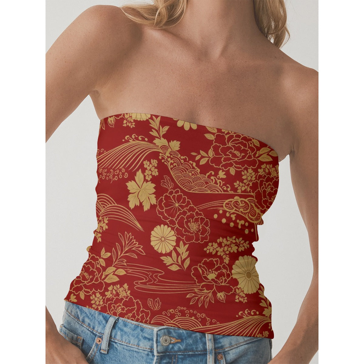 Red Strapless Top with Golden Japanese Floral Design | Tengura Store
