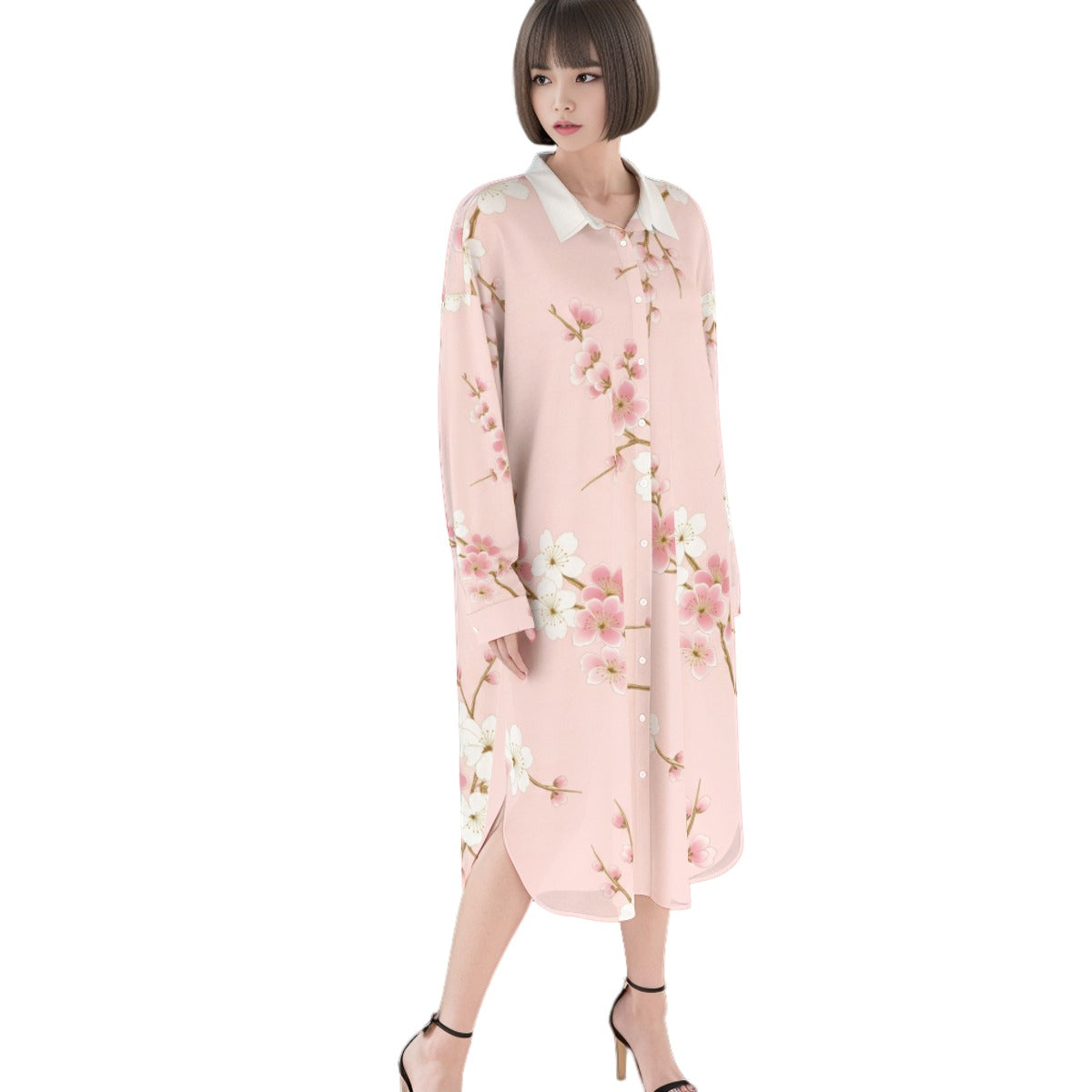 Pink Shirt Dress with Cherry Blossom Pattern | Tengura Store