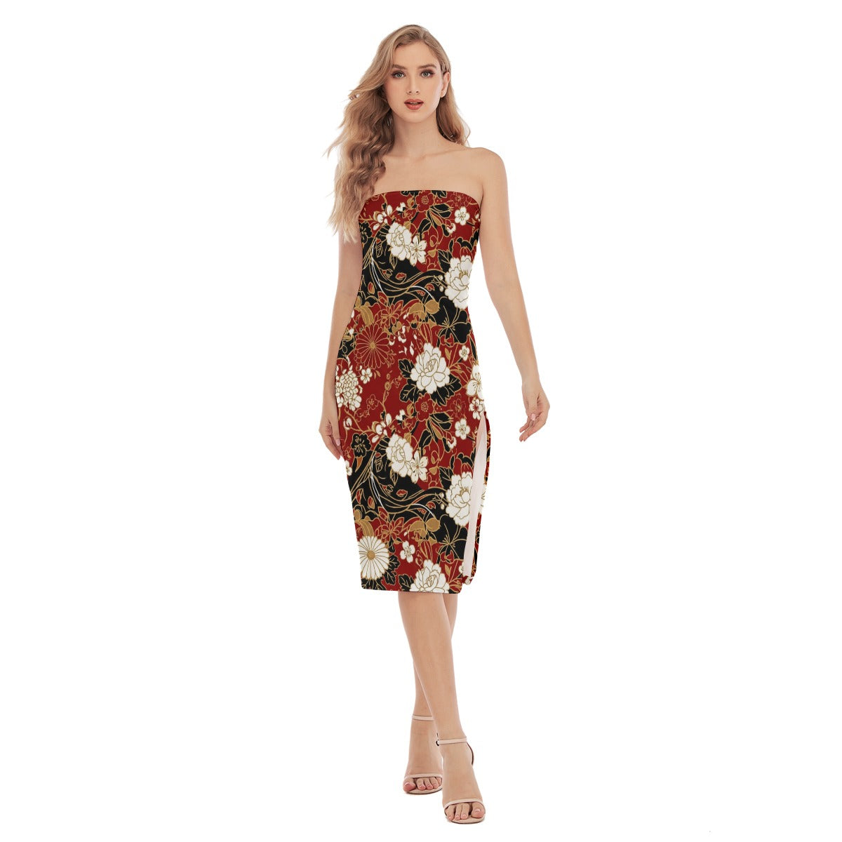 Red Strapless Midi Dress with Oriental Floral Print | Tengura Store