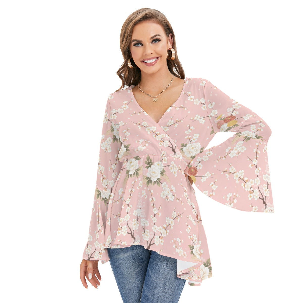Pink Cherry Blossom Wrap Top with Bell Sleeves | Tengura Store