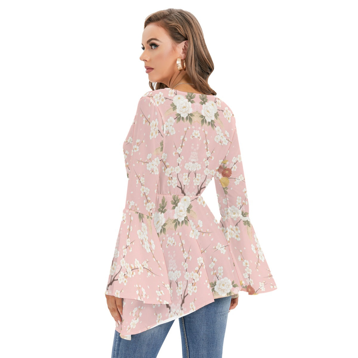 Pink Cherry Blossom Wrap Top with Bell Sleeves | Tengura Store