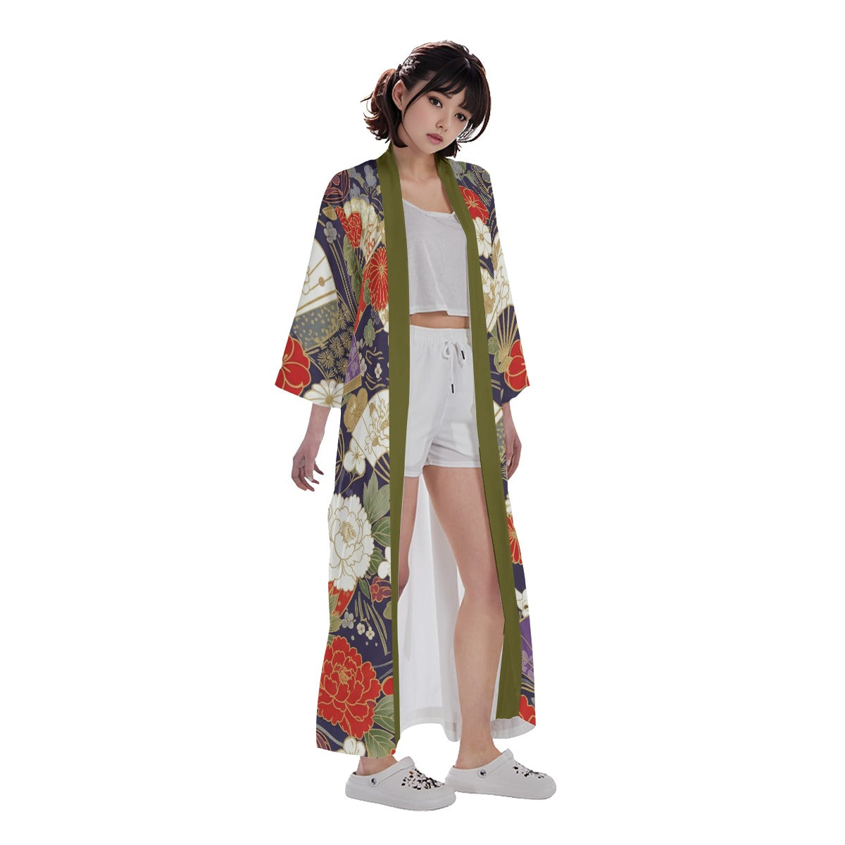 Colorful Fan Pattern Long Japanese Kimono | Tengura Store