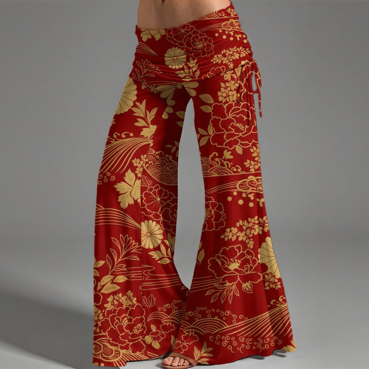 Crimson Kimono Pants - Japanese Peony and Wave Pattern | Tengura Store