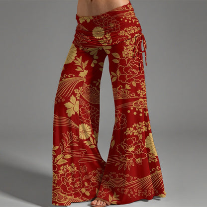 Crimson Kimono Pants - Japanese Peony and Wave Pattern | Tengura Store