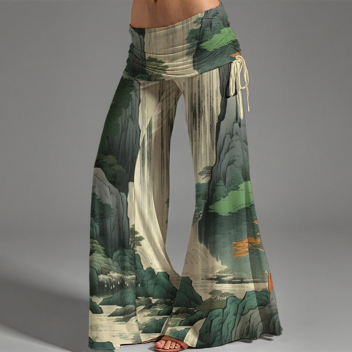 Hakama-Hose mit japanischem Landschaftsmotiv, hoher Taille und seitlichen Bindebändern | Tengura Store