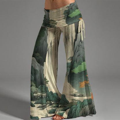 Hakama-Hose mit japanischem Landschaftsmotiv, hoher Taille und seitlichen Bindebändern | Tengura Store