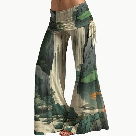 Japanese Landscape Hakama Pants with High Waist and Side Ties