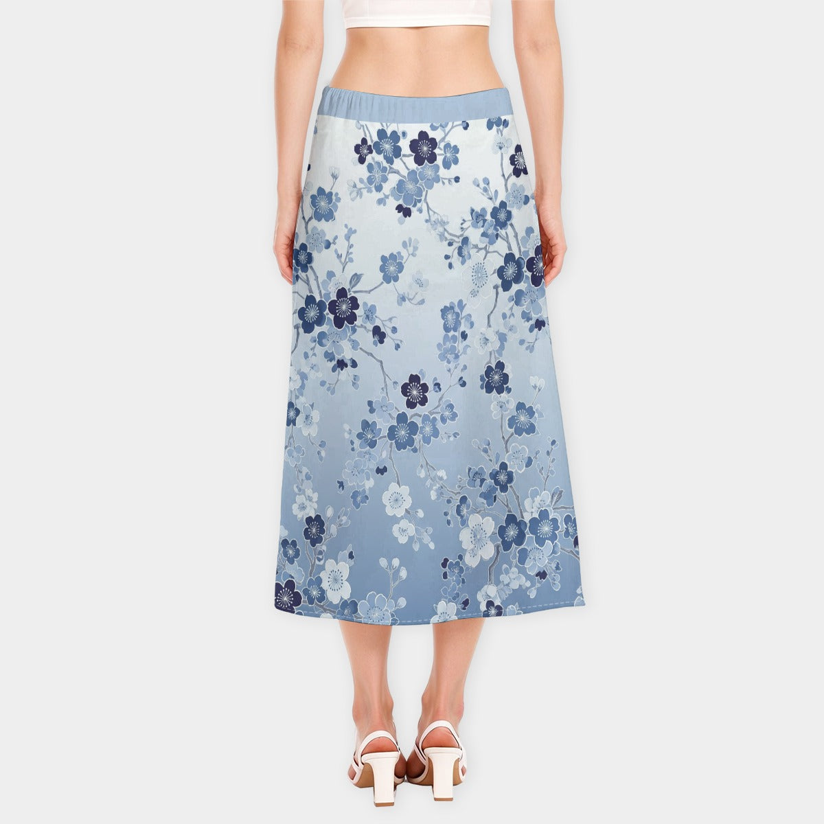 Blue Sakura Blossom High-Waisted Midi Skirt with Side Slit | Tengura Store
