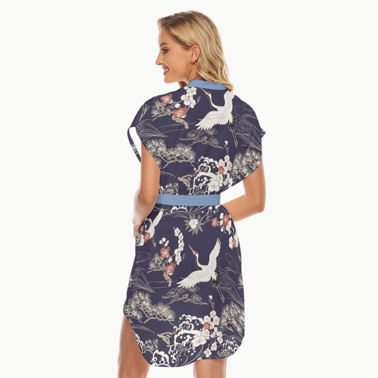 Navy Blue Crane Print Kimono Dress with Belt 2XL | Tengura Store