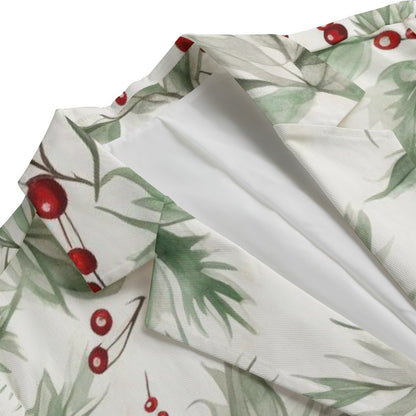 Japanese Women's Bamboo Blazer - White Floral Print with Red Berries