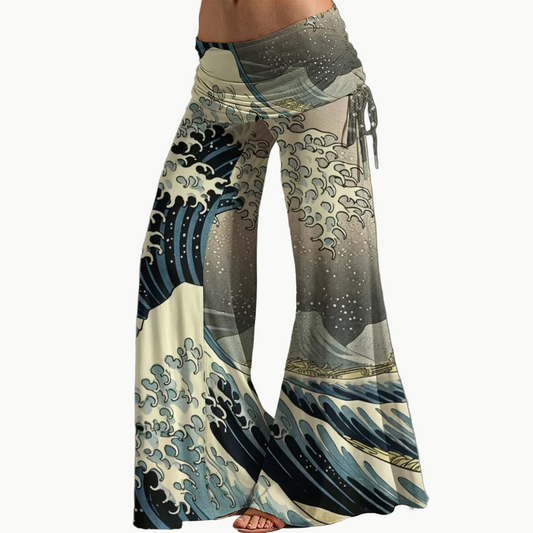Japanese Hakama Pants - Great Wave Print Wide Leg Trousers