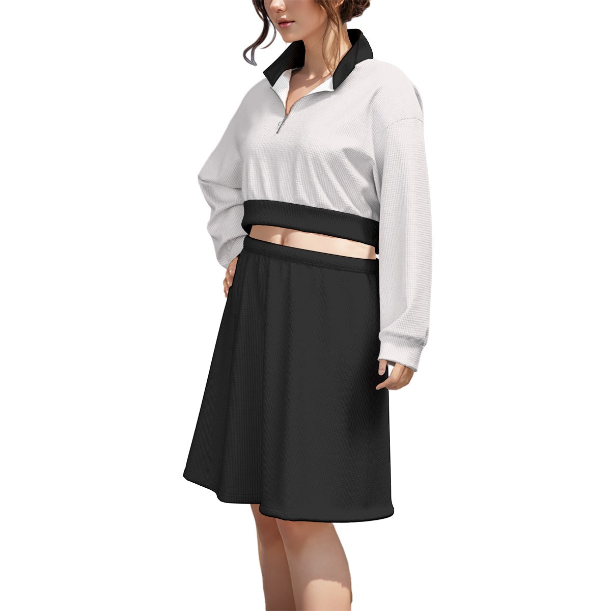 Two Piece Set Mono Street Black Skirt White Crop Top | Tengura Store