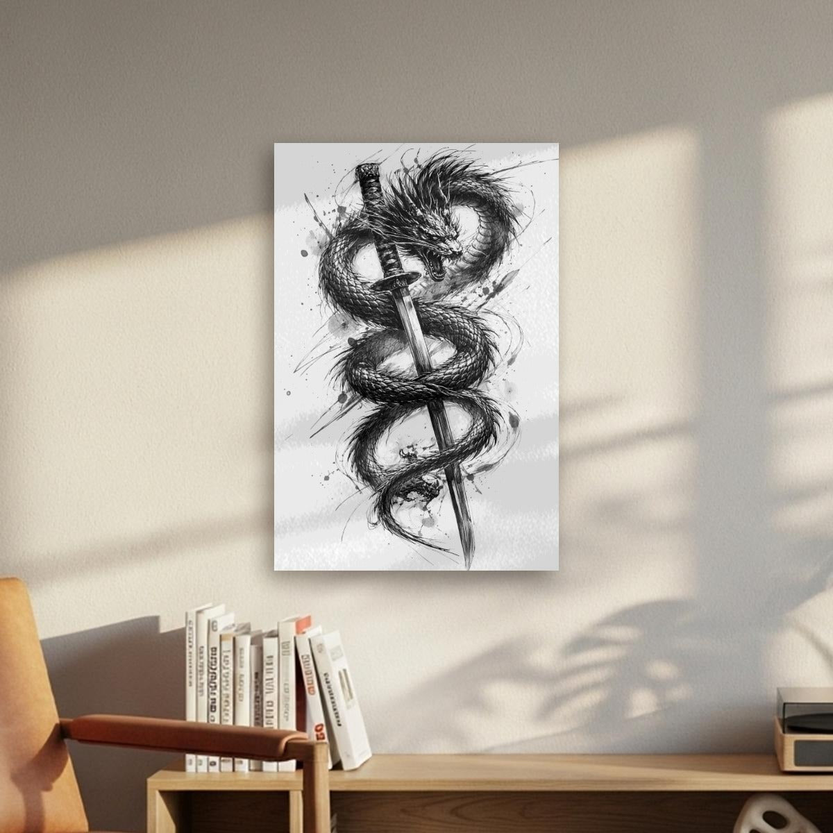 Dragon & Katana Sumi-e Canvas Print | Tengura Store
