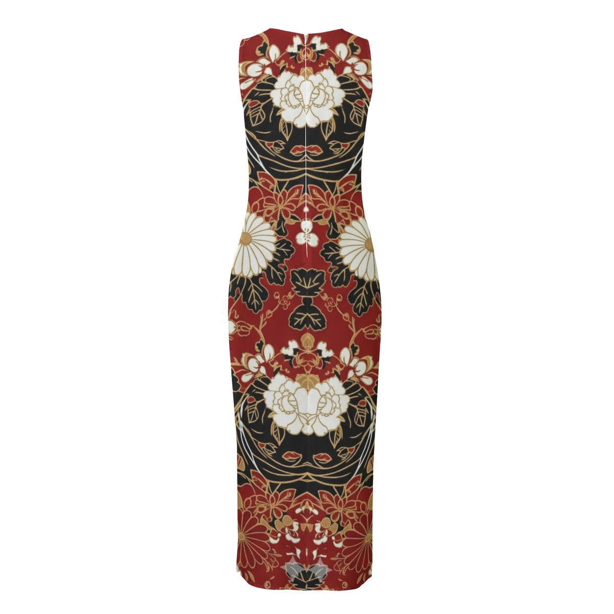Red Black Sleeveless Maxi Dress with Japanese Garden Print | Tengura Store