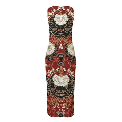 Red Black Sleeveless Maxi Dress with Japanese Garden Print | Tengura Store
