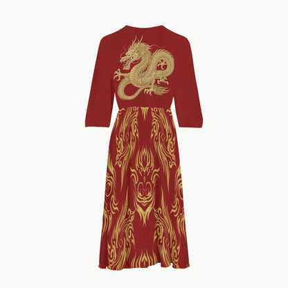 Red Dragon Midi Dress with Golden Oriental Design | Tengura Store