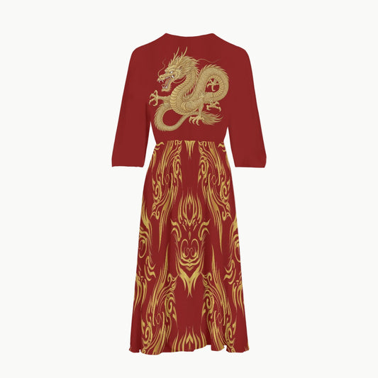Red Dragon Midi Dress with Golden Oriental Design | Tengura Store