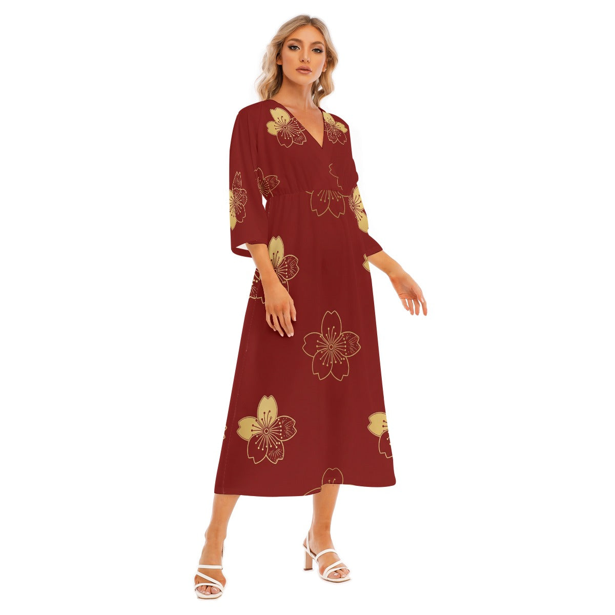 Red Kimono-Style Maxi Dress with Floral Design | Tengura Store