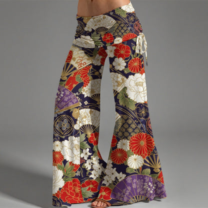 Kimono Inspired Wide Leg Pants with Japanese Floral and Fan Pattern | Tengura Store
