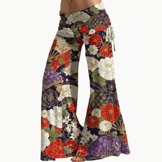 Kimono Inspired Wide Leg Pants with Japanese Floral and Fan Pattern | Tengura Store