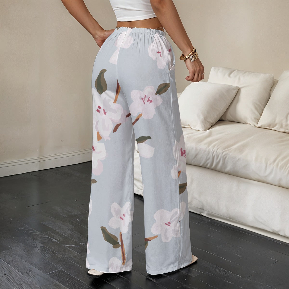 White Floral Wide Leg Lounge Japanese Casual Pants | Tengura Store