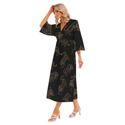 Black Japanese Dress with Golden Tiger Print | Tengura Store
