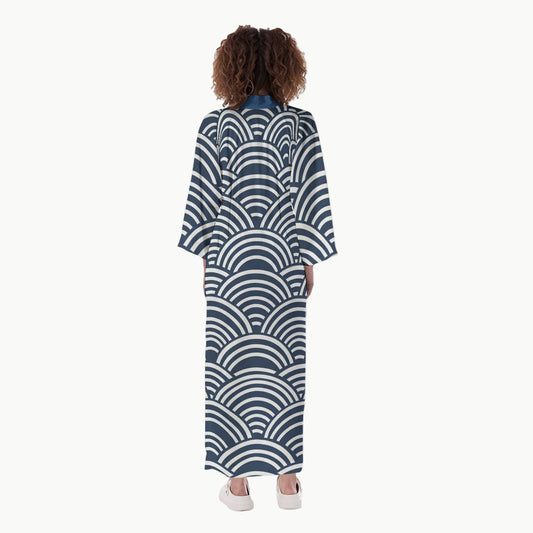 Blue Seigaiha Wave Pattern Long Kimono M | Tengura Store