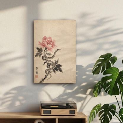 Quadro Sumi-e Serpente e Peonia