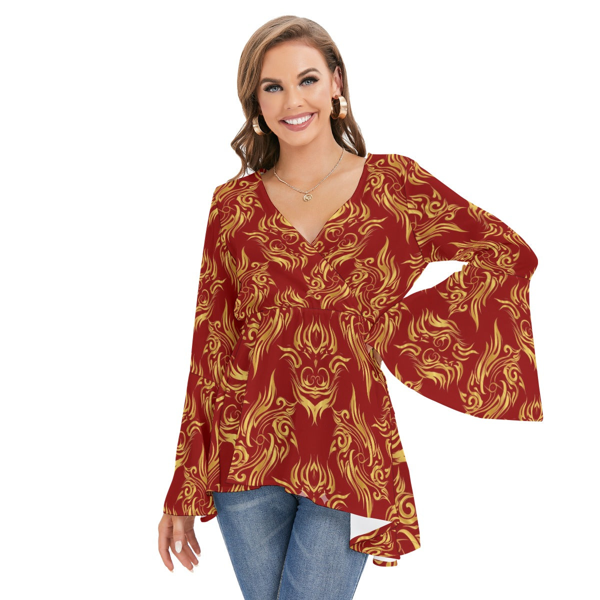 Red Phoenix Wrap Blouse with Golden Traditional Print | Tengura Store