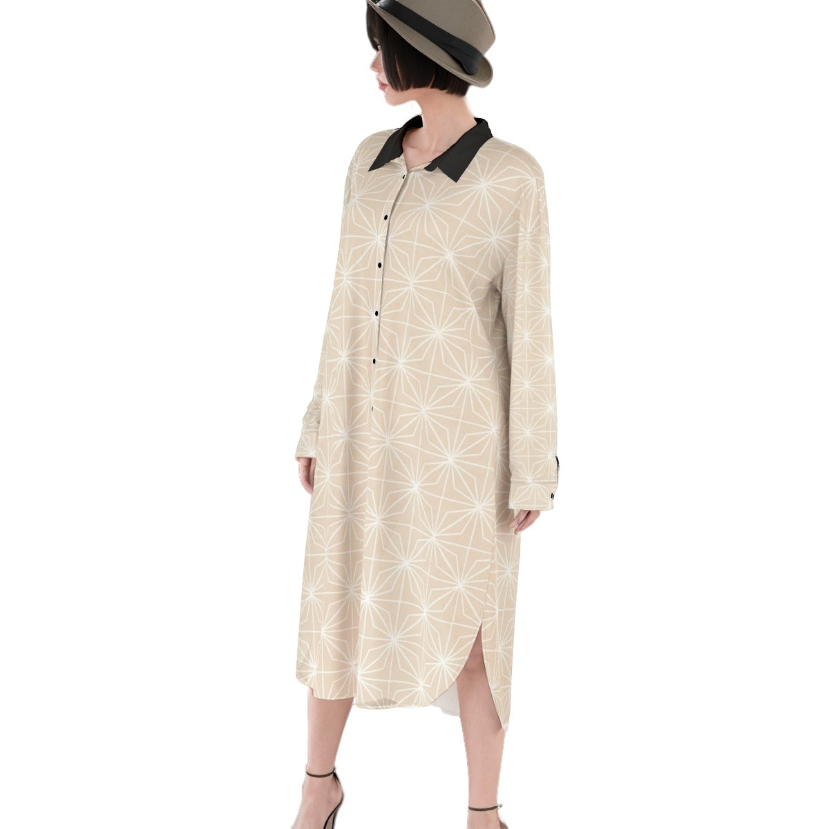 Shirt Dress Asanoha Beige Japanese Geometry | Tengura Store