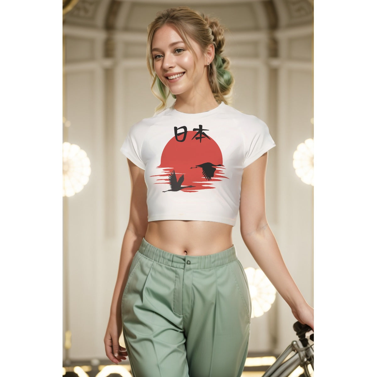 Rising Sun Japan White Crop Top with Cranes | Tengura Store