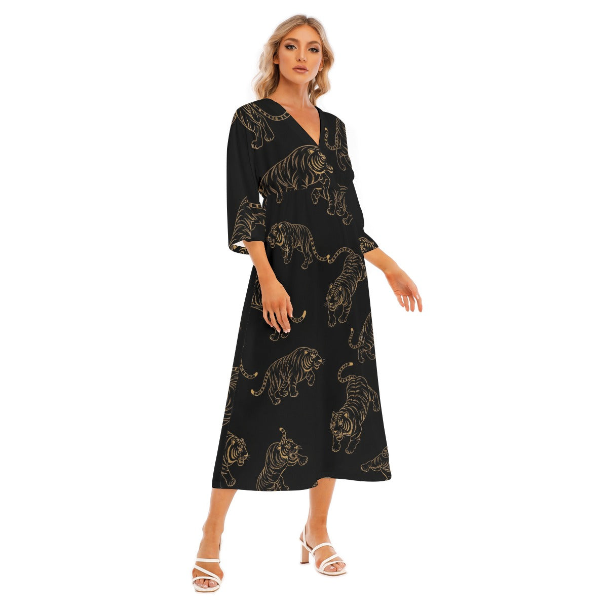 Black Japanese Dress with Golden Tiger Print | Tengura Store