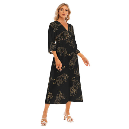 Black Japanese Dress with Golden Tiger Print | Tengura Store