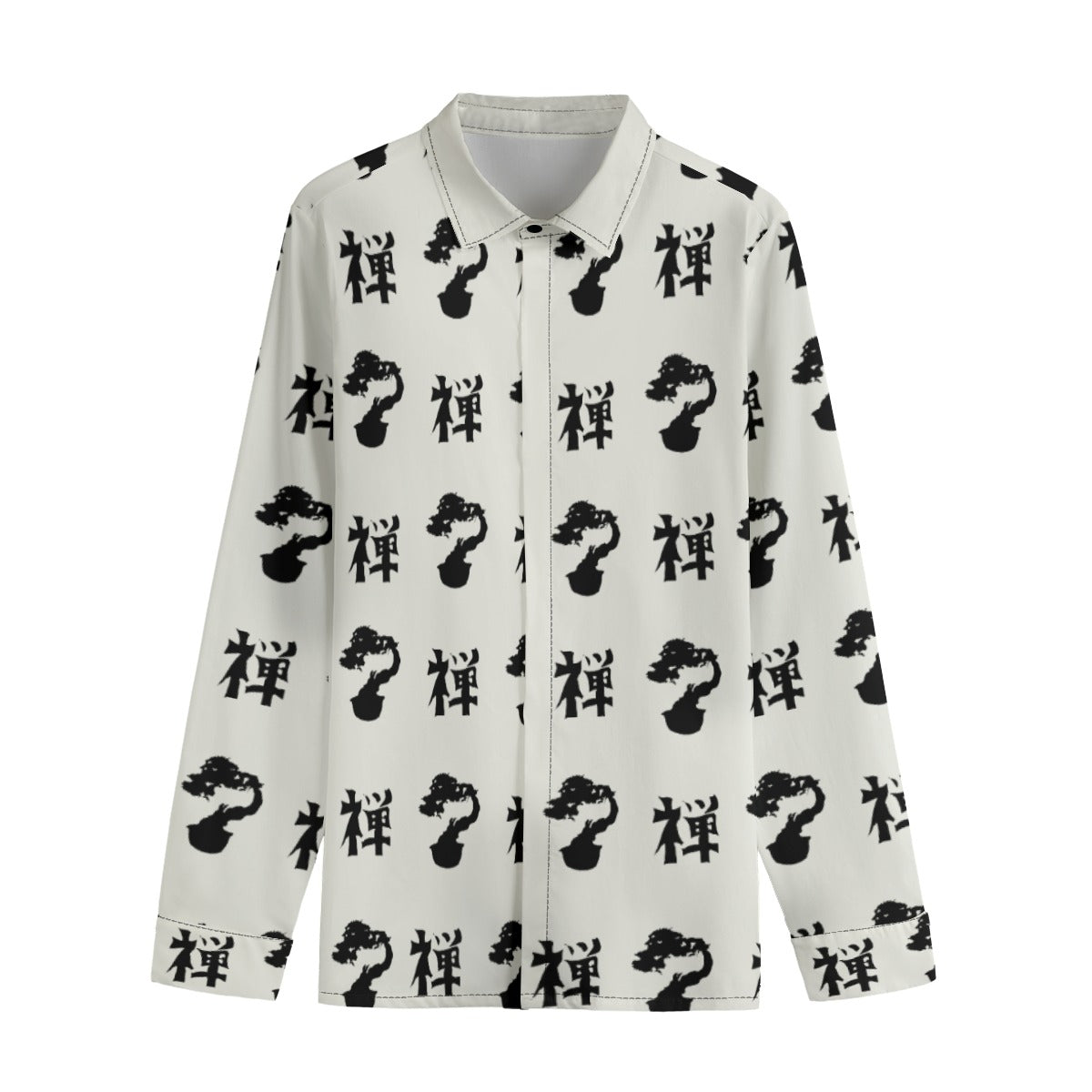 Zen Bonsai Cotton Long Sleeve Shirt Japanese Calligraphy and Minimalism | Tengura Store
