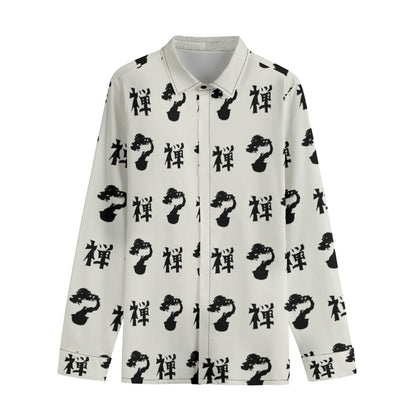 Zen Bonsai Cotton Long Sleeve Shirt Japanese Calligraphy and Minimalism | Tengura Store