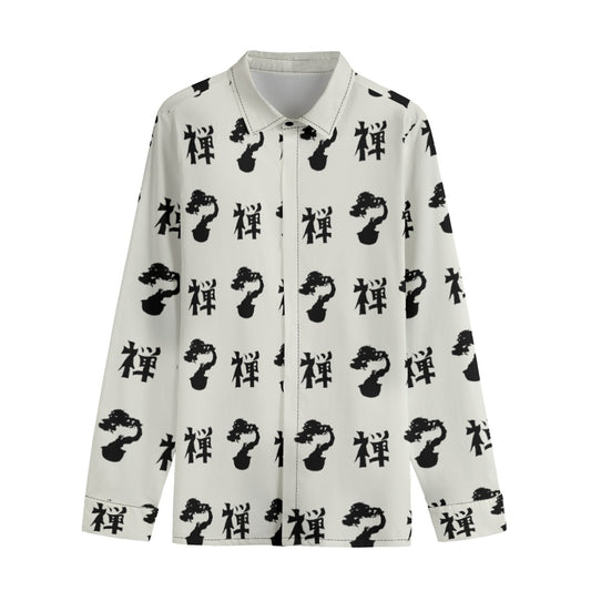 Zen Bonsai Cotton Long Sleeve Shirt Japanese Calligraphy and Minimalism | Tengura Store