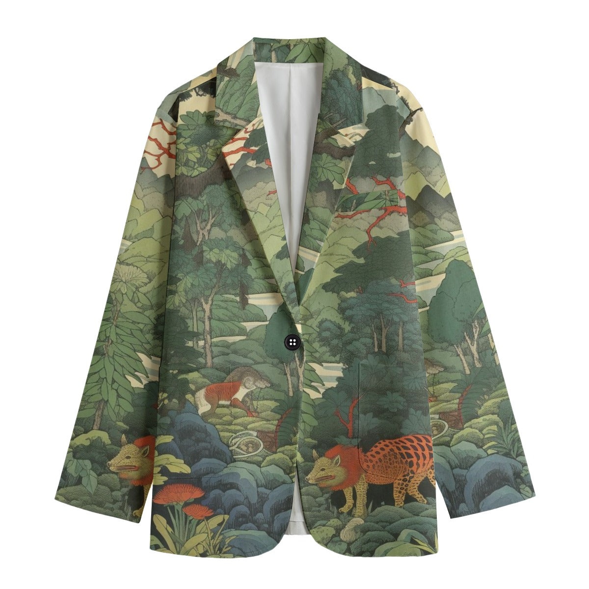 Japanese Women Forest Blazer - Deer & Mountain Landscape Print