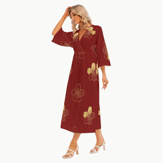Burgundy Maxi Dress with Golden Sakura Embroidery | Tengura Store