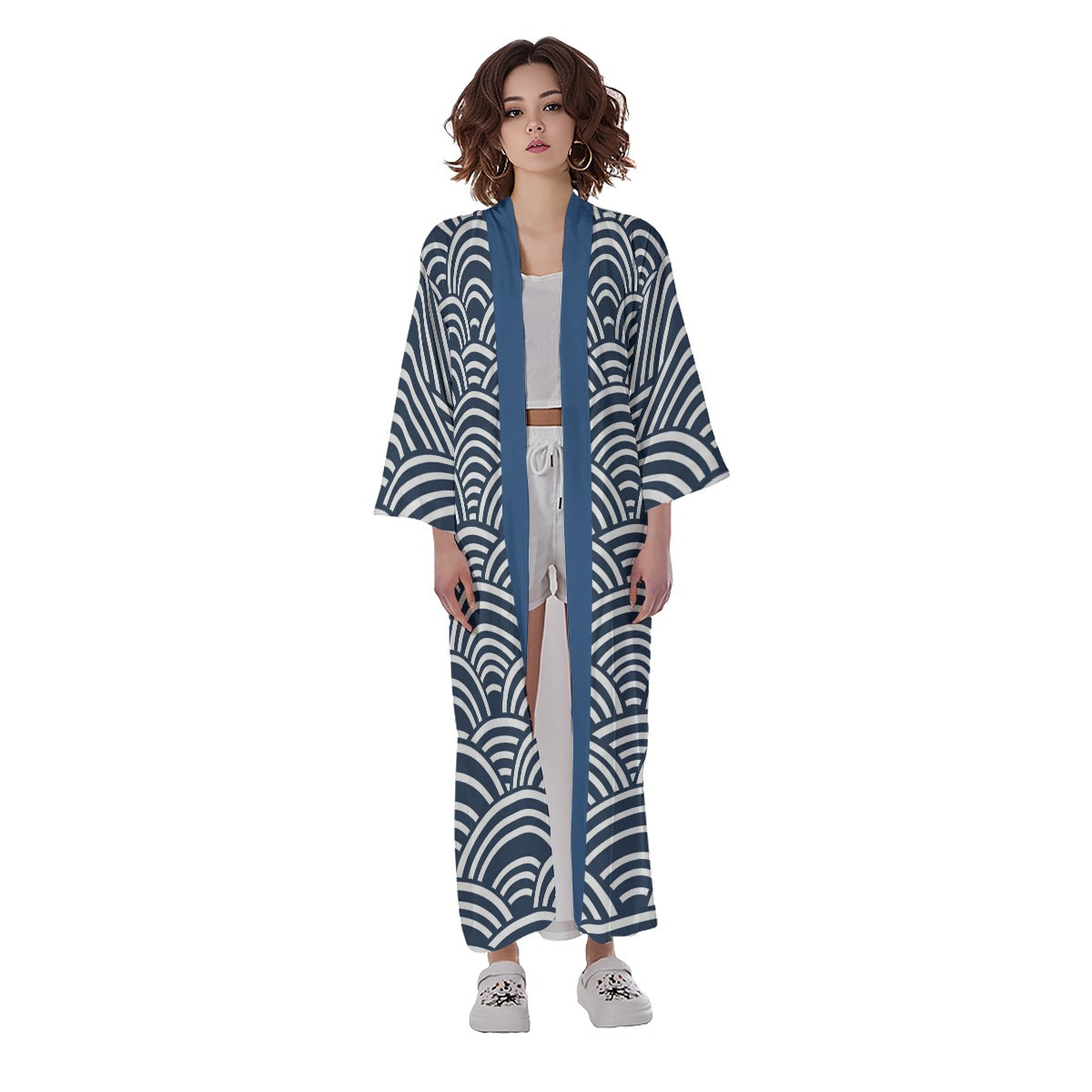 Blue Seigaiha Wave Pattern Long Kimono | Tengura Store
