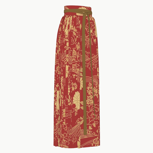 Red Golden Japanese Long Skirt with Tie Waist | Tengura Store
