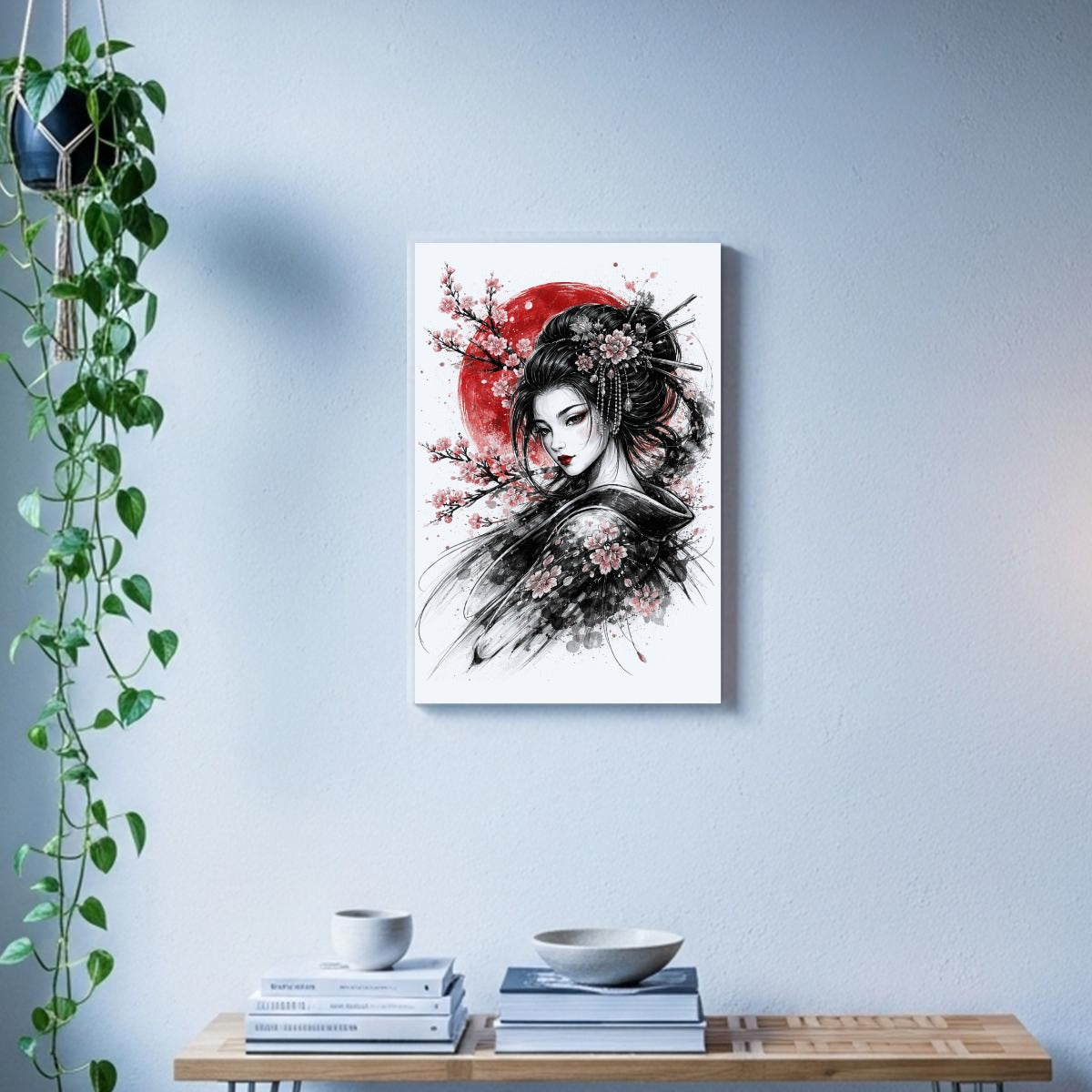Geisha & Red Sun Sumi-e Canvas Print White | Tengura Store